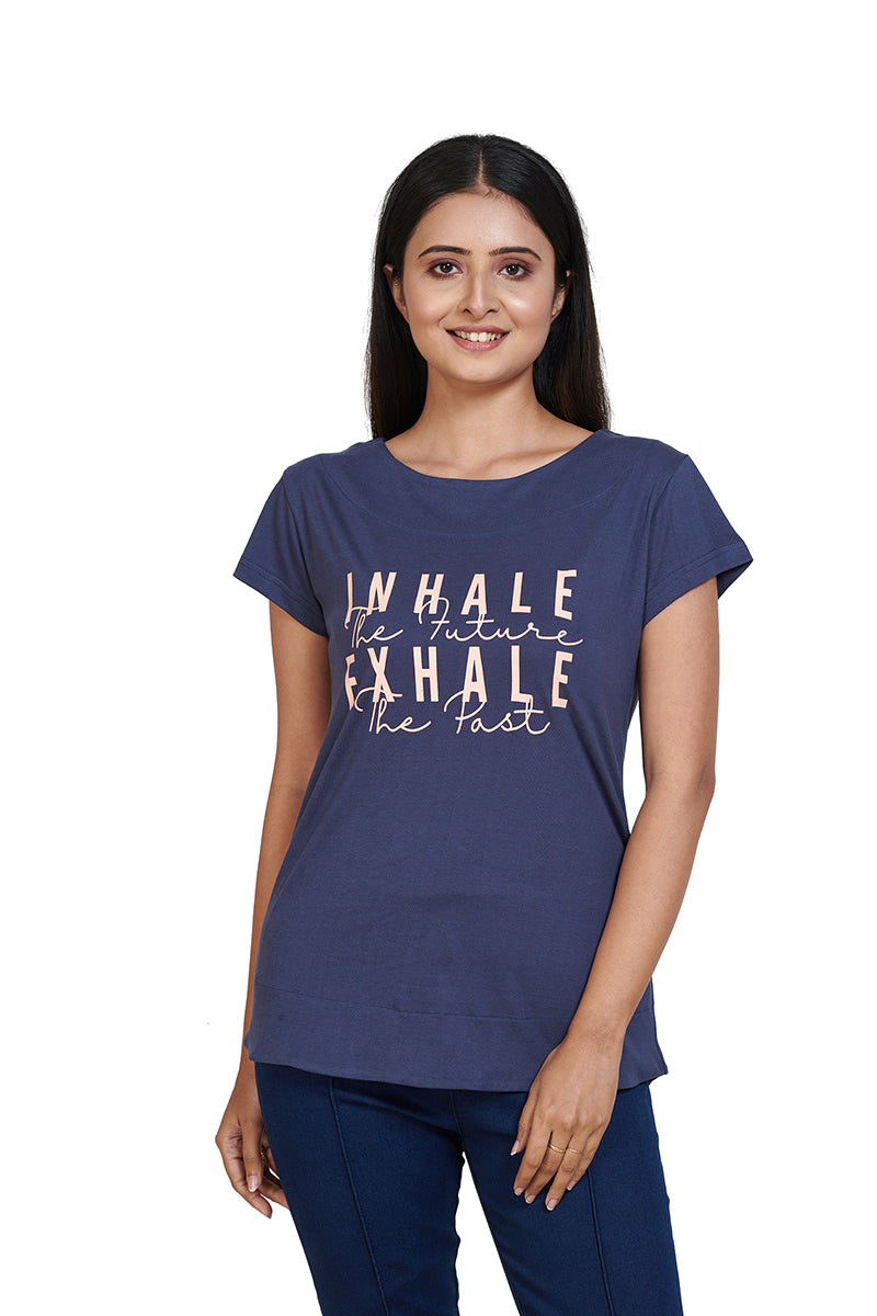 Dusty Blue Inhale Exhale Boat Neck Half Sleeves Printed Tees