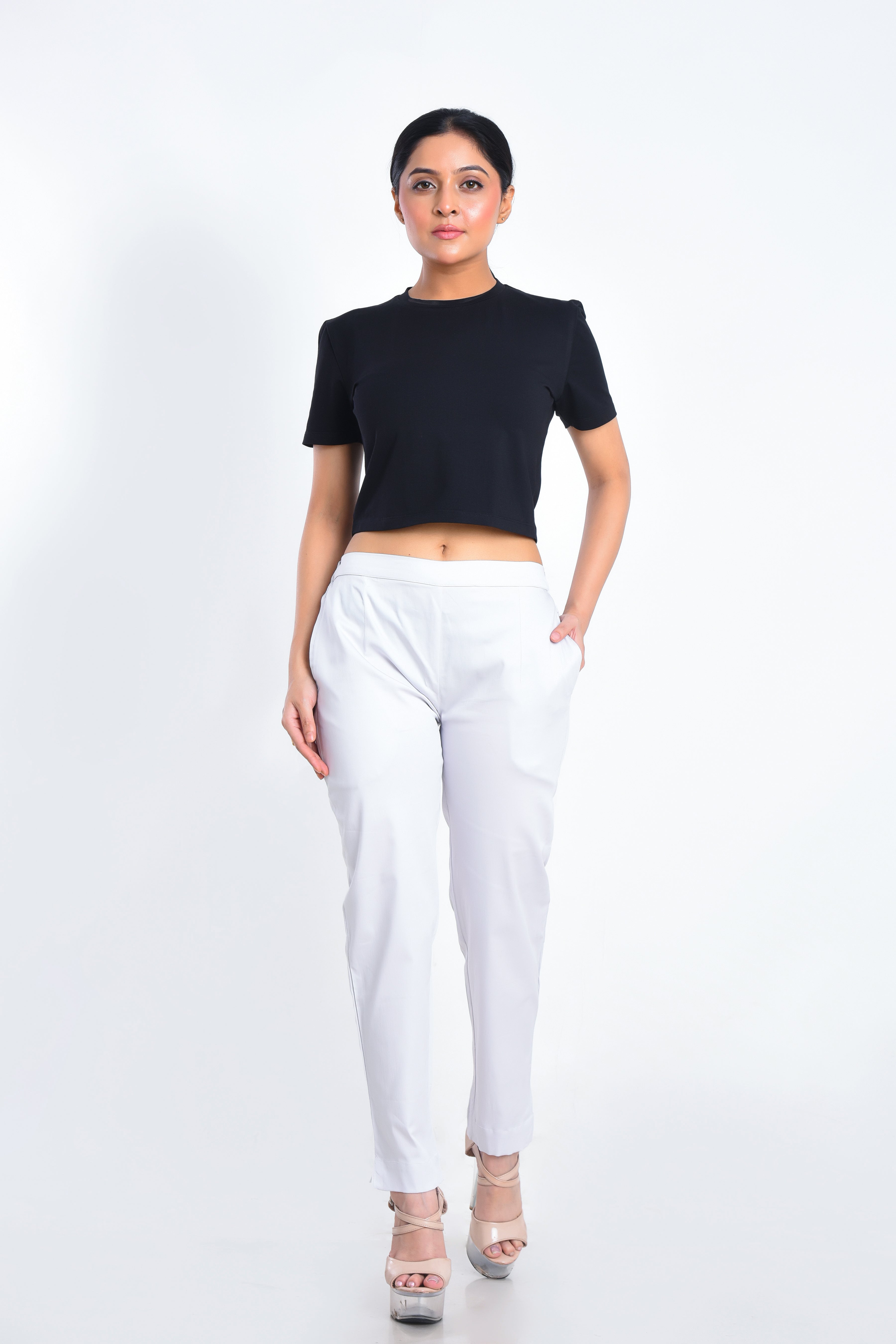 Lt Ash Grey Satin Stretchable Pants with two pockets and half elasticated waist band