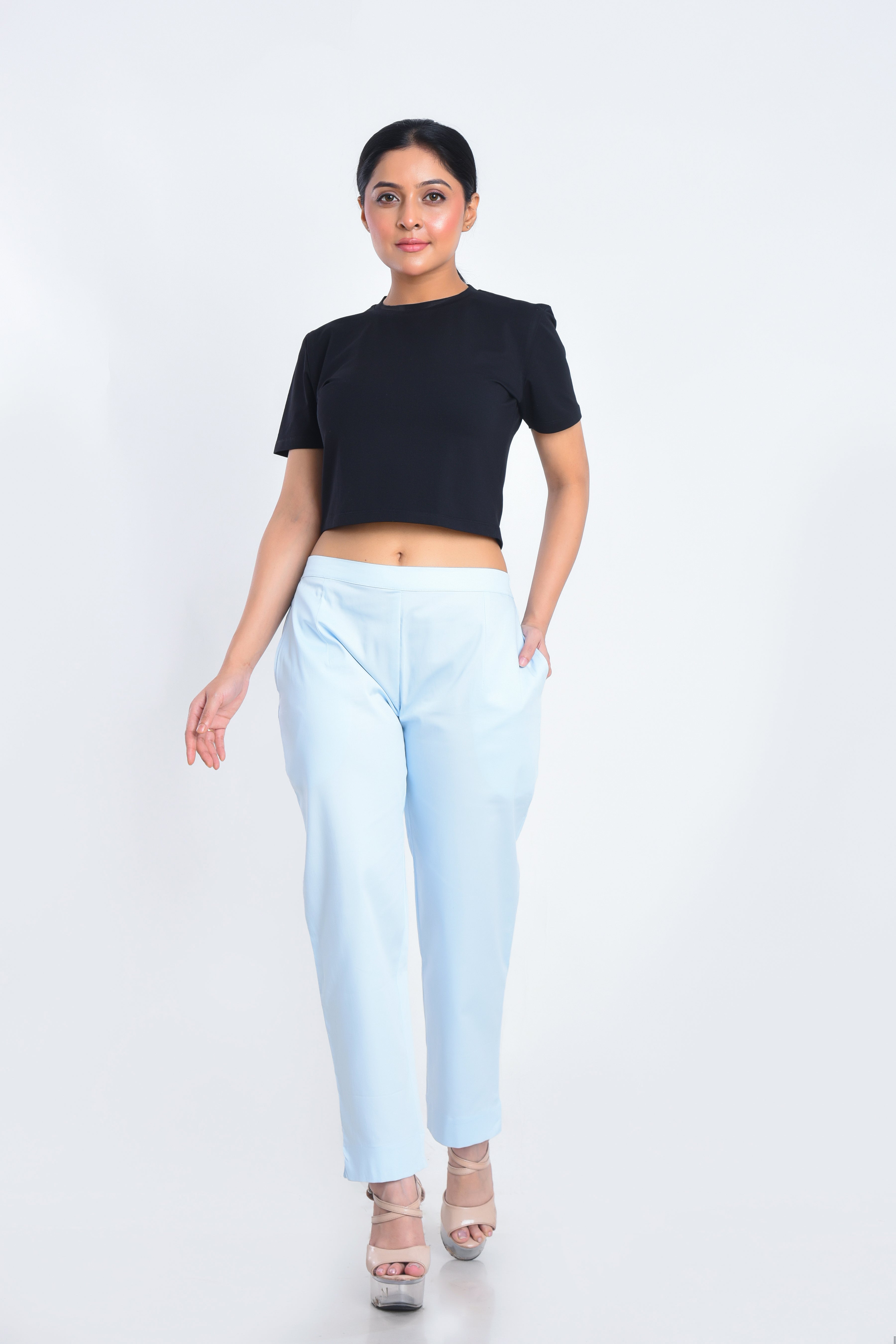 Sky Blue Satin Stretchable Pants with two pockets and half elasticated waist band