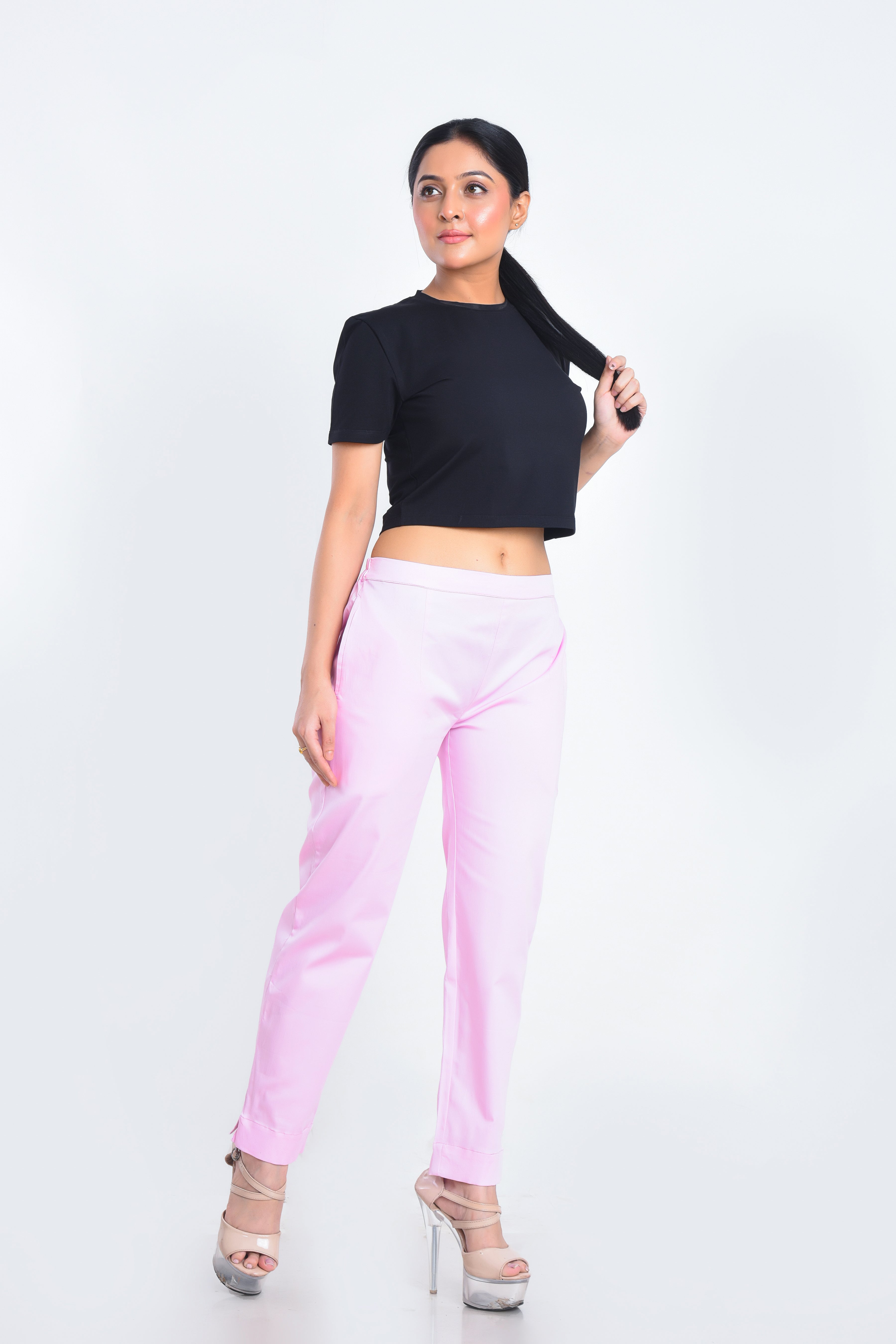 Glowing Pink Satin Stretchable Pants with two pockets and half elasticated waist band