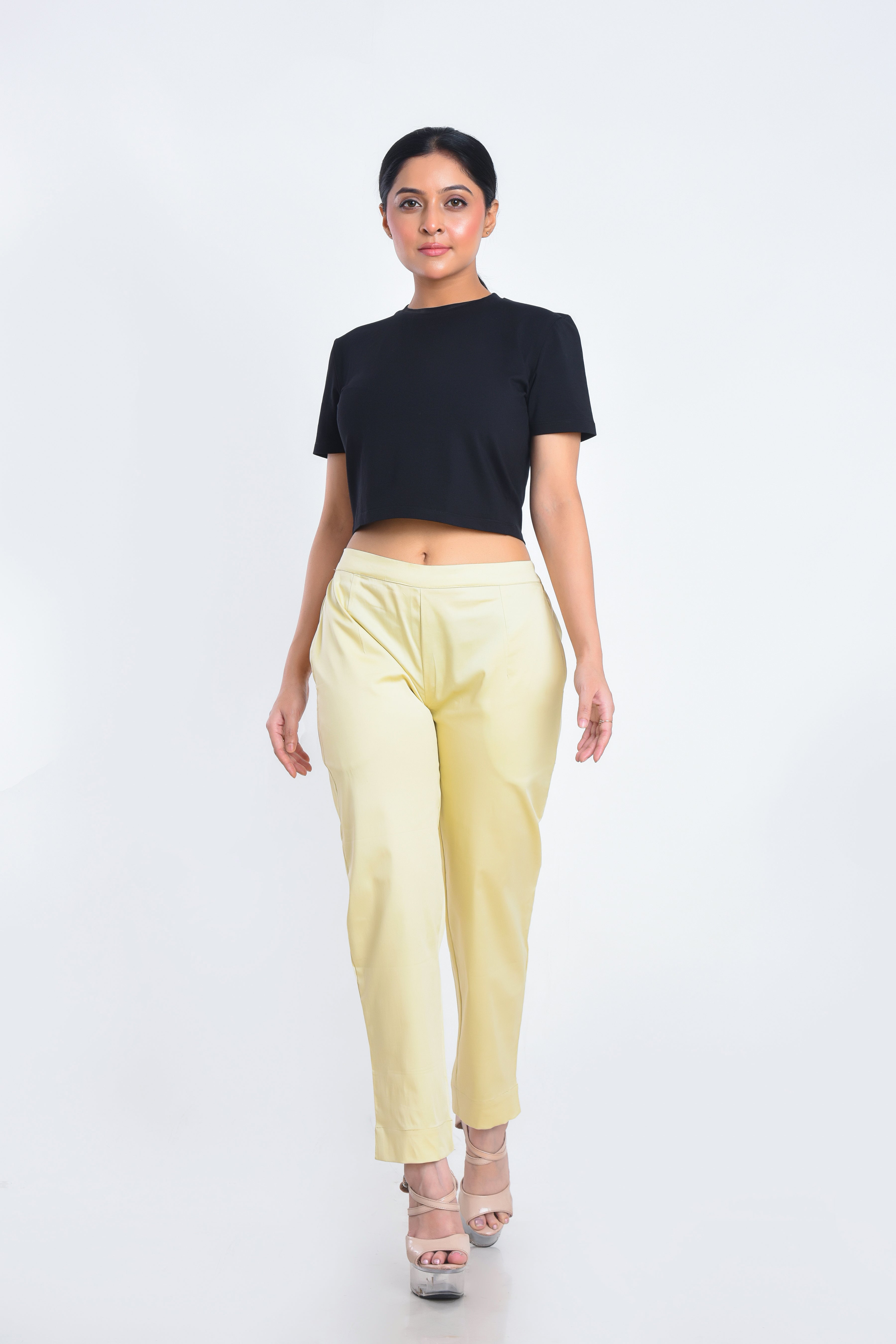 Shiny Beige Satin Stretchable Pants with two pockets and half elasticated waist band