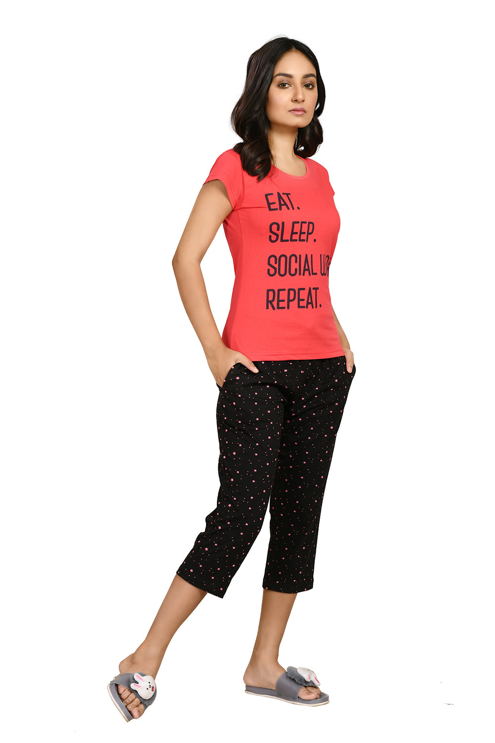 Black Colour Pink Star Printed Capri