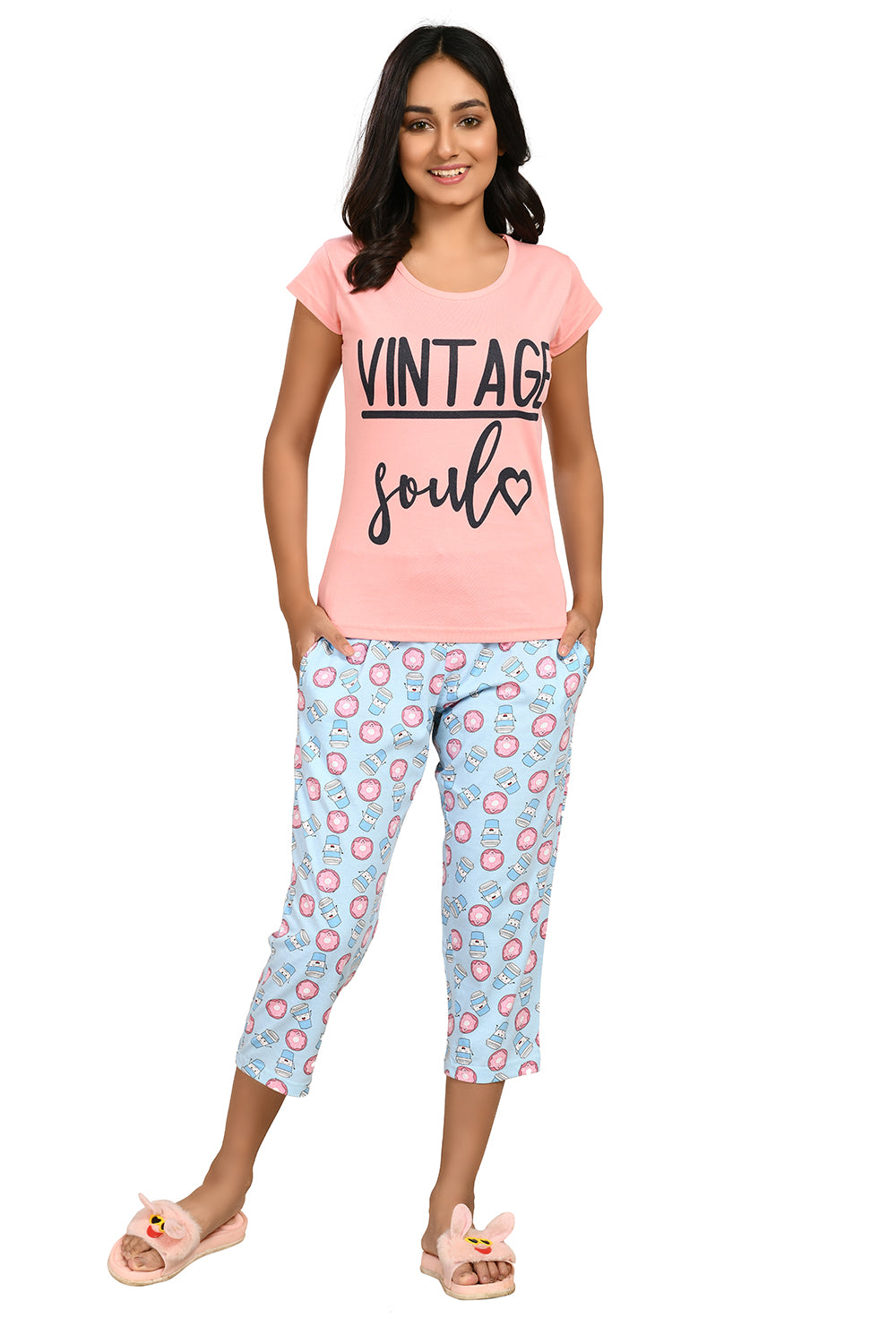 Light Blue Coffee Donuts Printed Capri