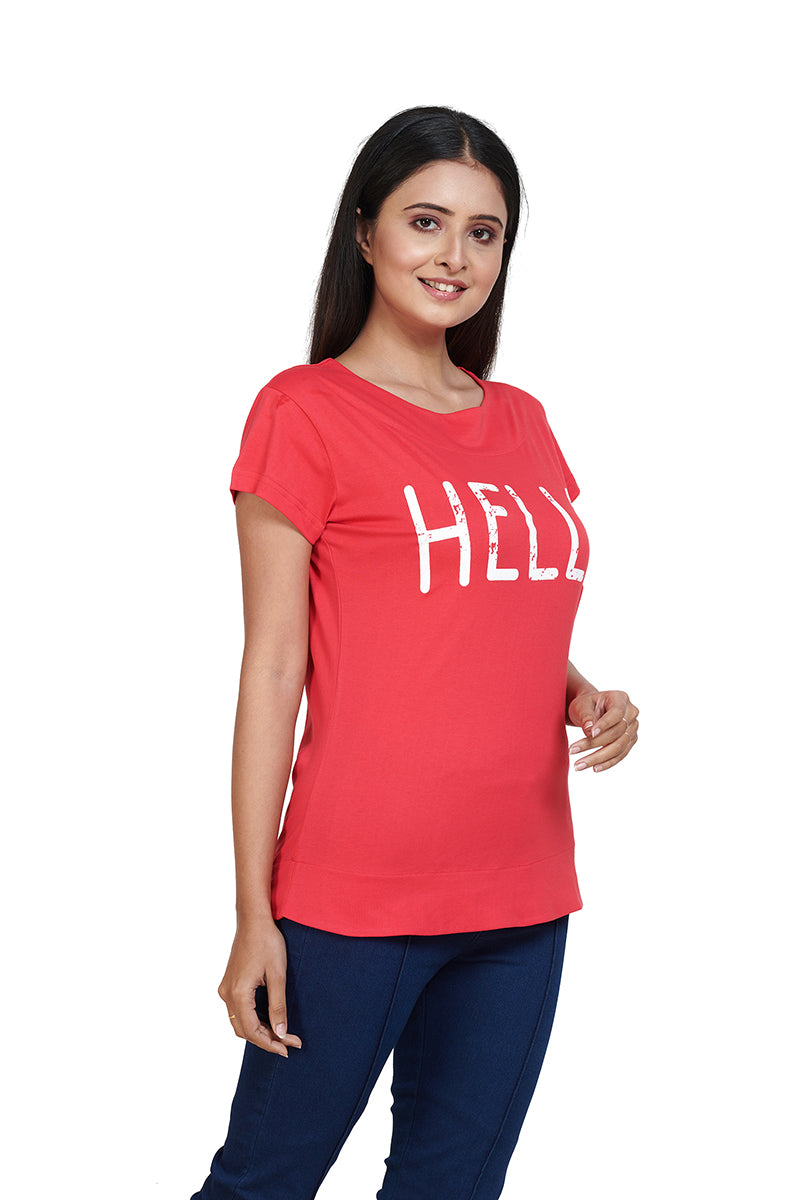 Phusia Red Hello Boat Neck Half Sleeves Printed Tees