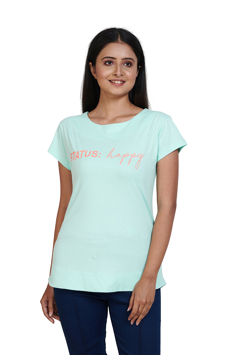 Aqua Green Status Happy Boat Neck Half Sleeves Printed Tees