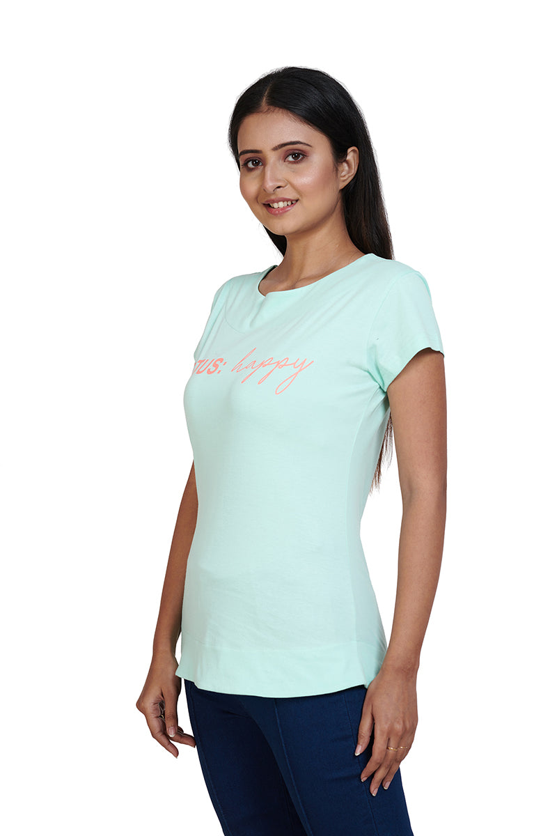 Aqua Green Status Happy Boat Neck Half Sleeves Printed Tees