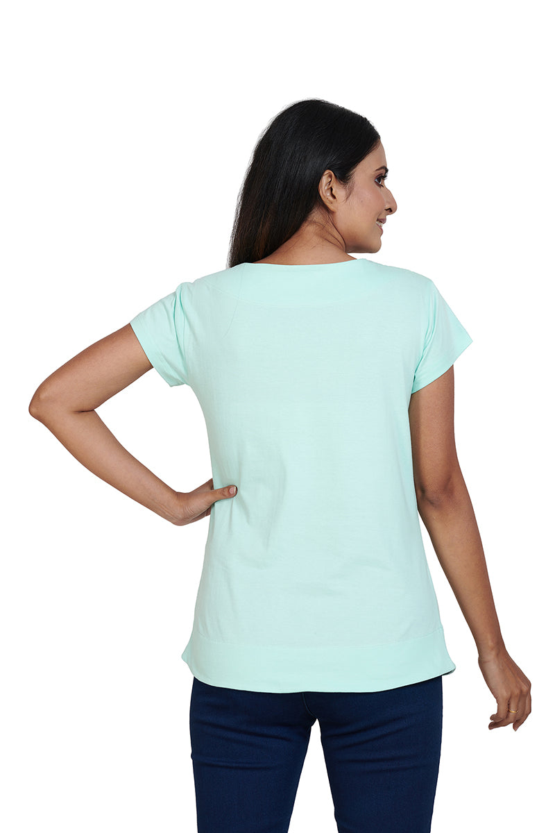 Aqua Green Status Happy Boat Neck Half Sleeves Printed Tees