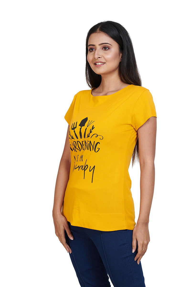 Mustard Gardening Boat Neck Half Sleeves Printed Tees