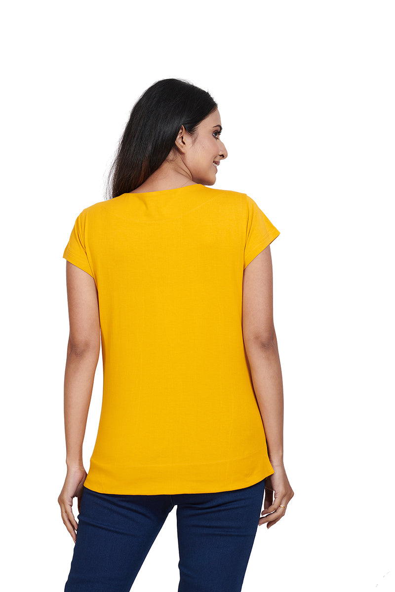Mustard Gardening Boat Neck Half Sleeves Printed Tees