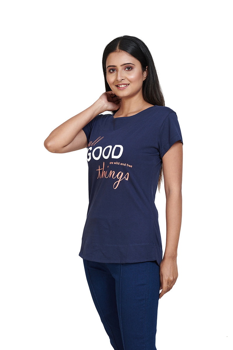 Navy Blue All Good Things Boat Neck Half Sleeves Printed Tees