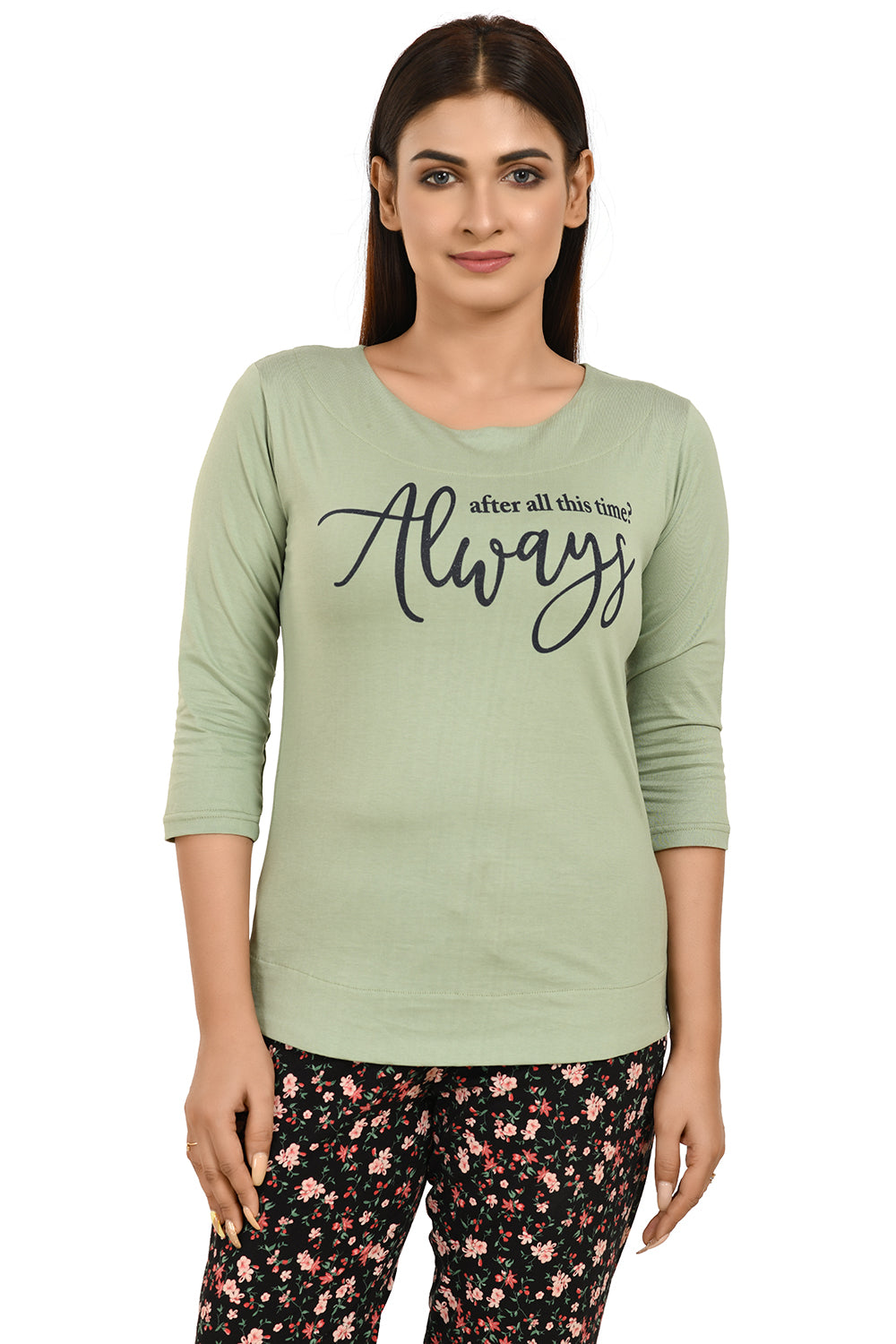 Dusty Green Boat Neck Printed Tees