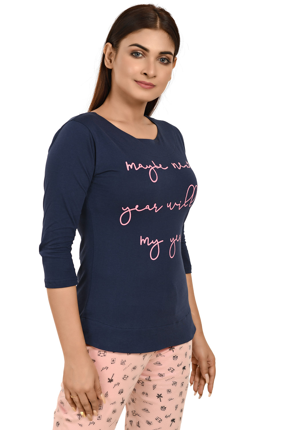Dusty Blue Boat Neck Printed Tees